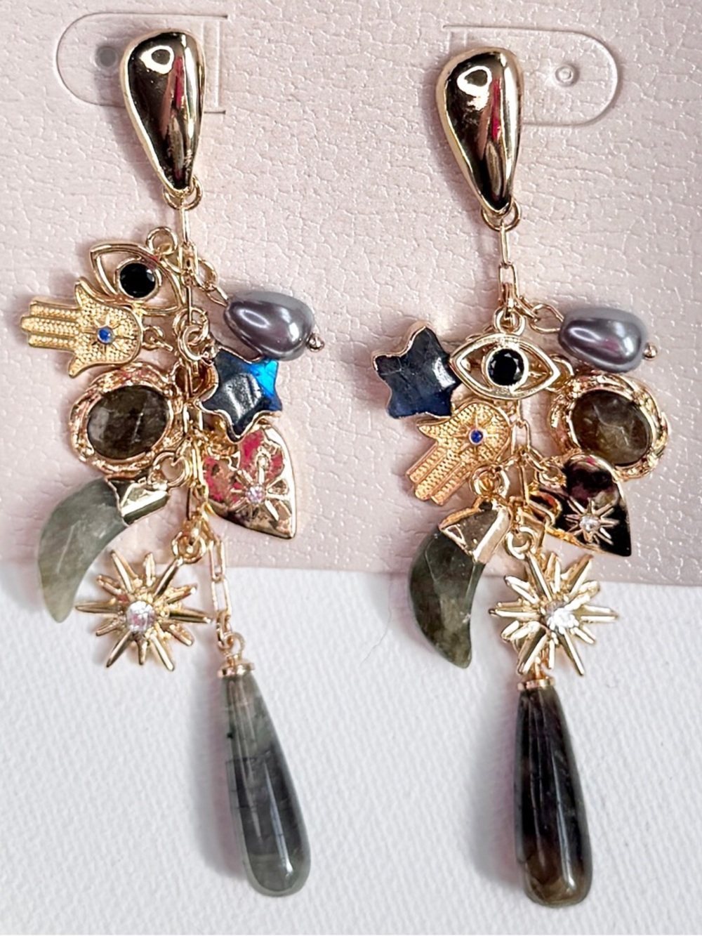 Persimmon Celestial Evil Eye Gemstone Charm Drop Statement Earrings NWT